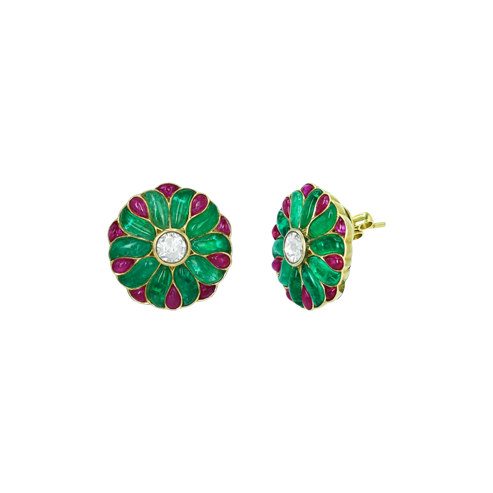 Floral Polki Stud Earrings with Emerald and Ruby Petals
